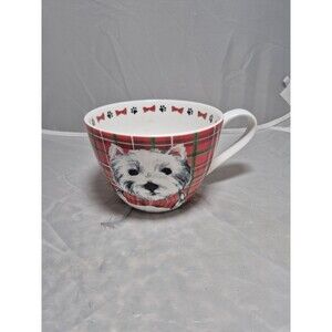 PORTOBELLO~Design~WHITE~Westie Dog~RED&GREEN~Plaid~18oz~CHRISTMAS MUG~Bone China